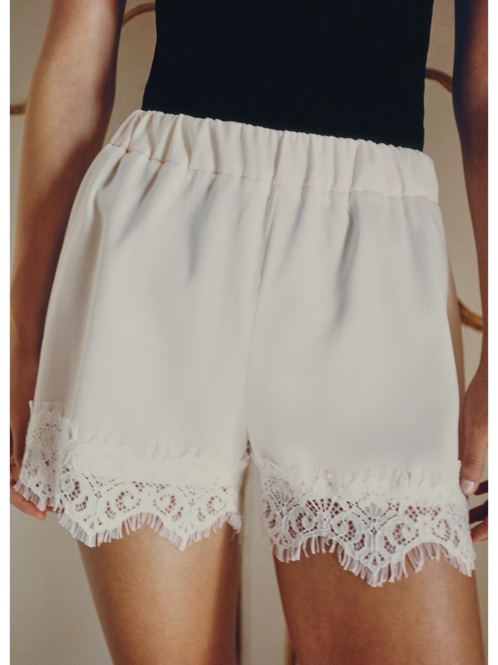 Zara Cream Lace-Trim Satin Shorts